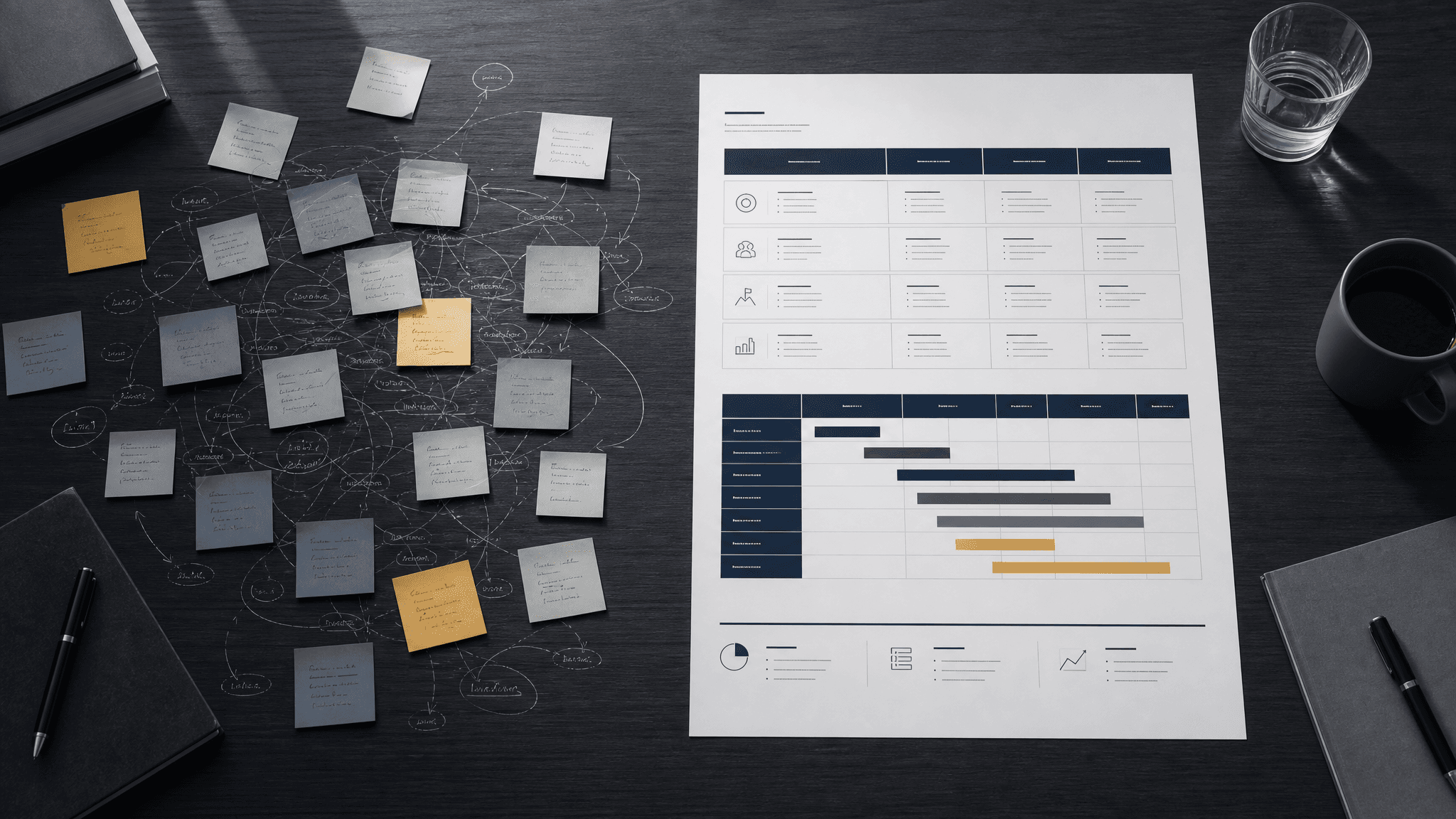 A messy wall of sticky notes resolving into a clean one-page business strategy and roadmap
